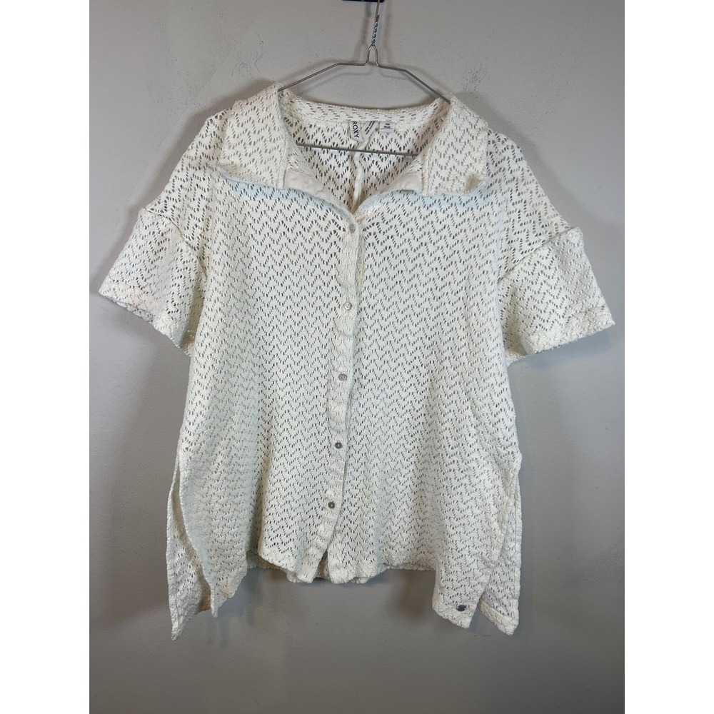 Roxy Womens Button Down Top Pointelle Crochet Knit Off White Large